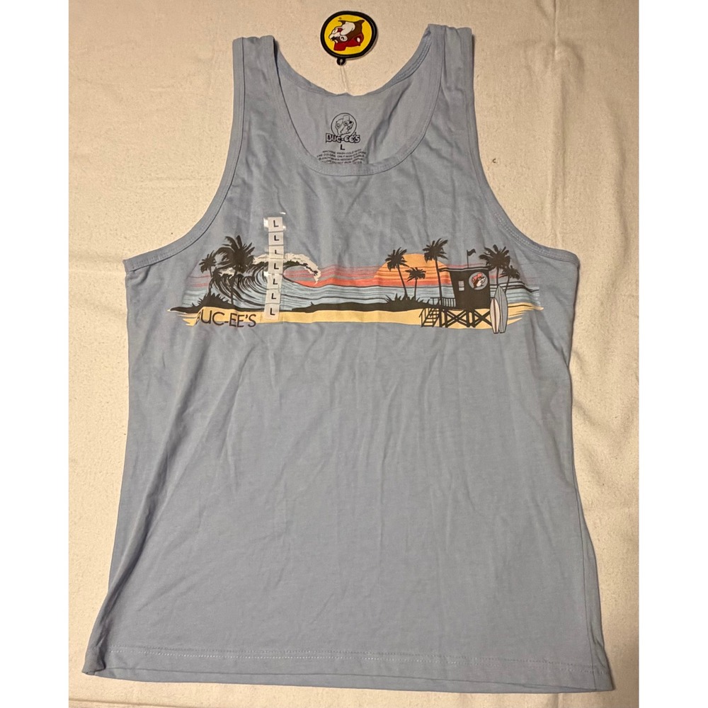 Buc-ee's Womens Graphic Tank Top Light Blue Beach Sunset Palm Trees Large NWT
